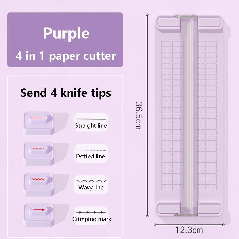 Purple 4 in 1 paper cutter with interchangeable knife tips including straight line, dotted line, wavy line, and crimping mark