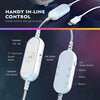 A white in-line control device and a headset with separate controls for volume, sound mode, and media switching.