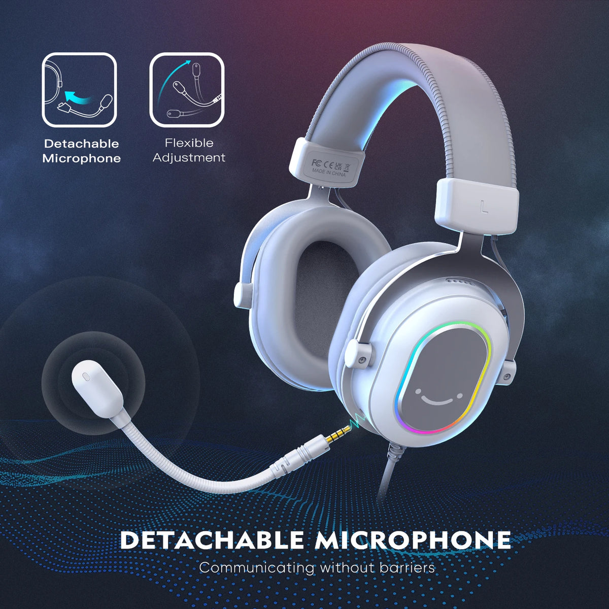 A white gaming headset is shown with a detachable microphone and flexible adjustment feature.
