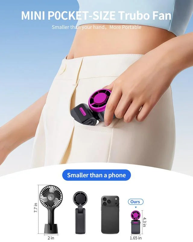 A hand holds a mini pocket-size Trubo fan, demonstrating its small portable size compared to a phone.