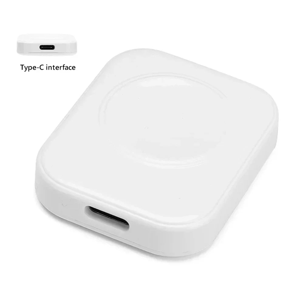 A white magnetic wireless charger with a Type-C interface port.