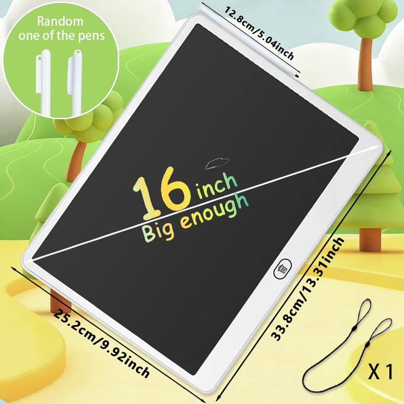 A digital drawing tablet with a 16-inch screen and a pen, shown on a light green background.