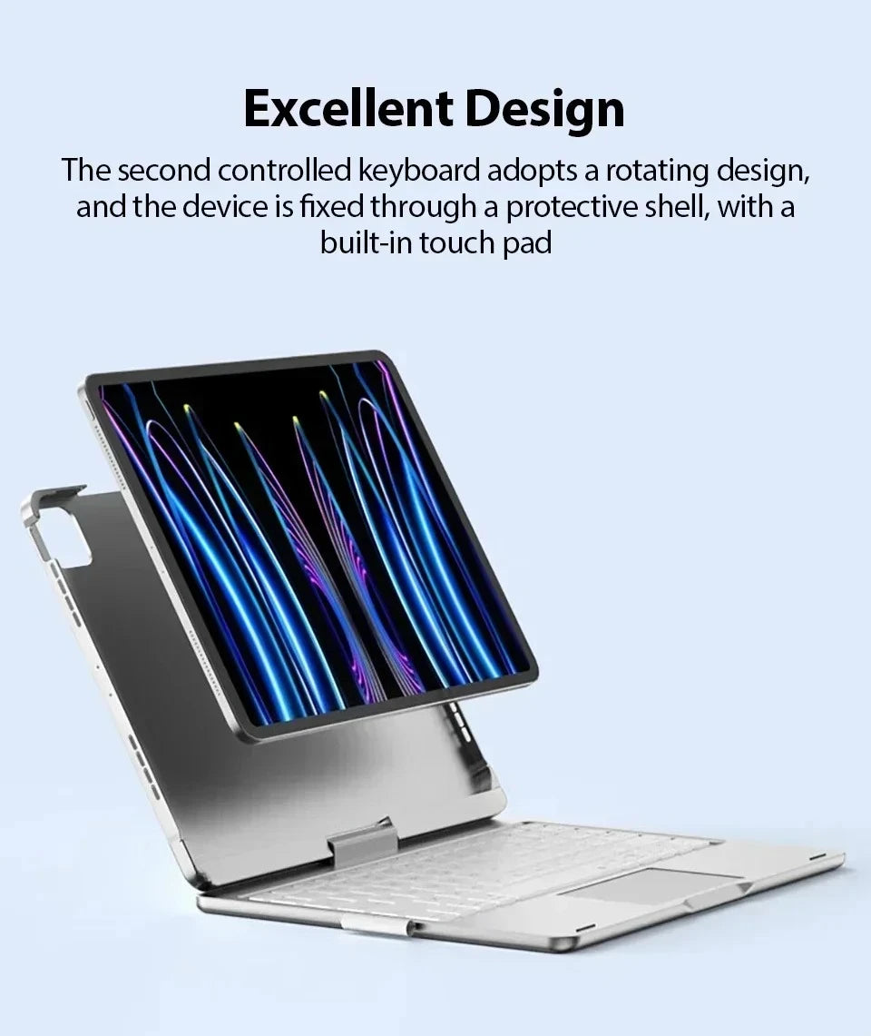 A silver laptop is shown with a backlit, rotating keyboard case featuring a touch pad.