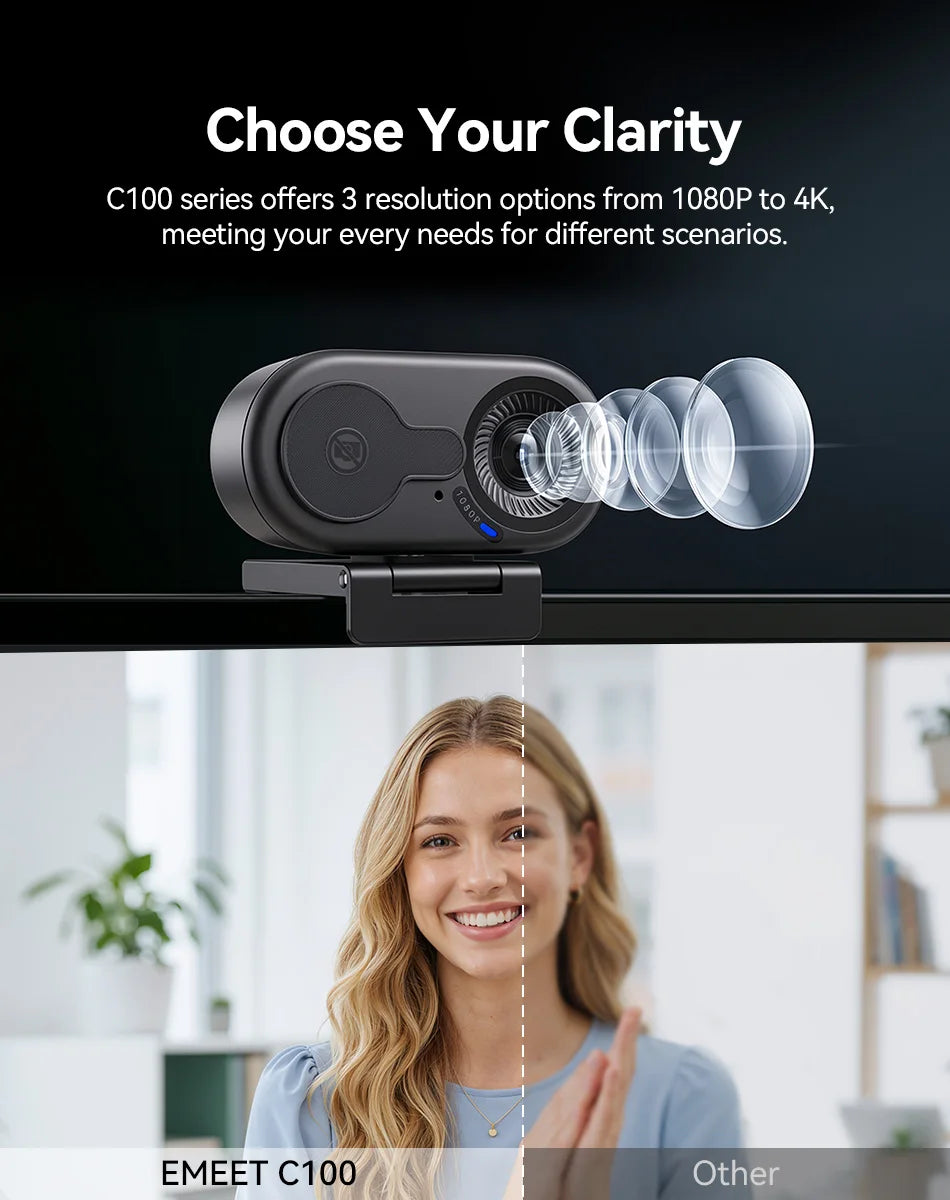 Eine schwarze EMEET C100 Serie Webcam wird mit einer lächelnden Frau im Hintergrund gezeigt.