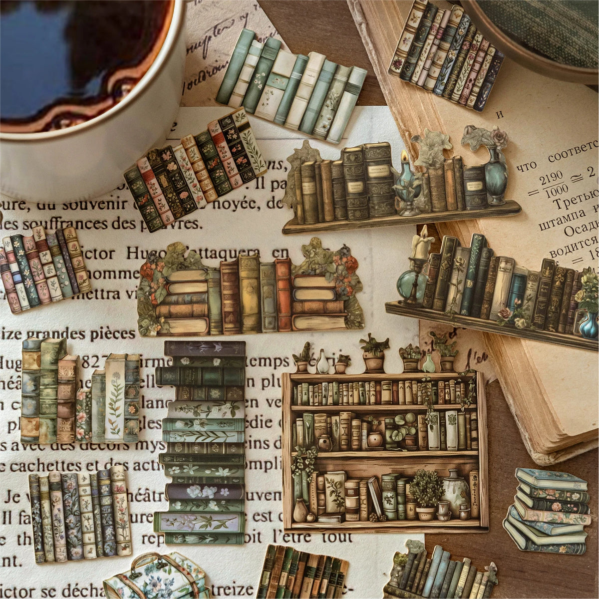 A collection of vintage-style books and paper elements arranged for scrapbooking and gallery stickers.