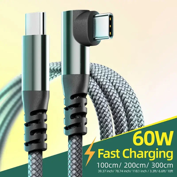 A close-up of a silver USB-C fast charging cable with a braided black jacket and a white connector tip.
