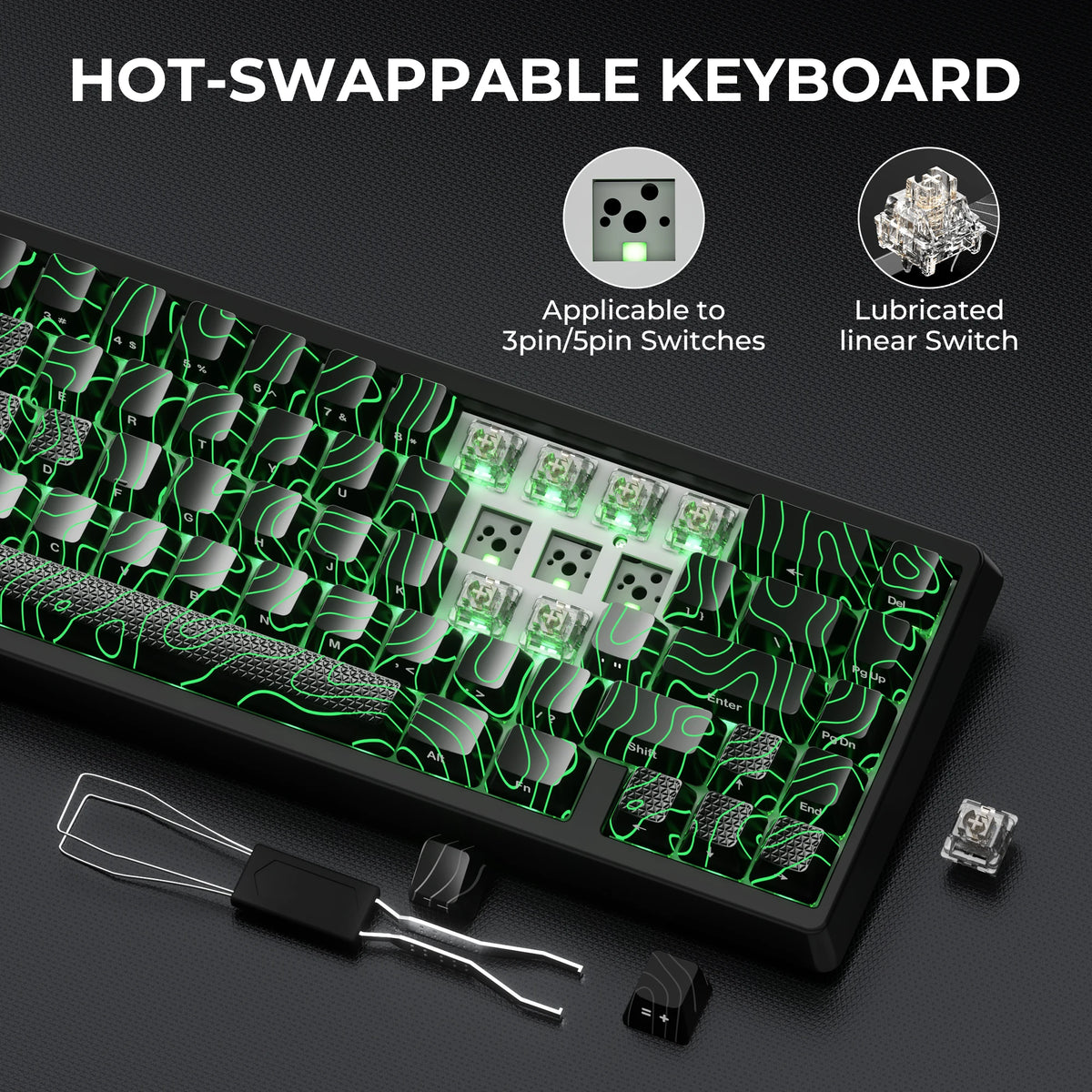 A close-up view of a black mechanical keyboard showing hot-swappable switches and lubricating tools.