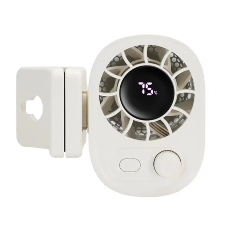 A white portable clip-on fan with a circular grille and an LED display showing 15%.