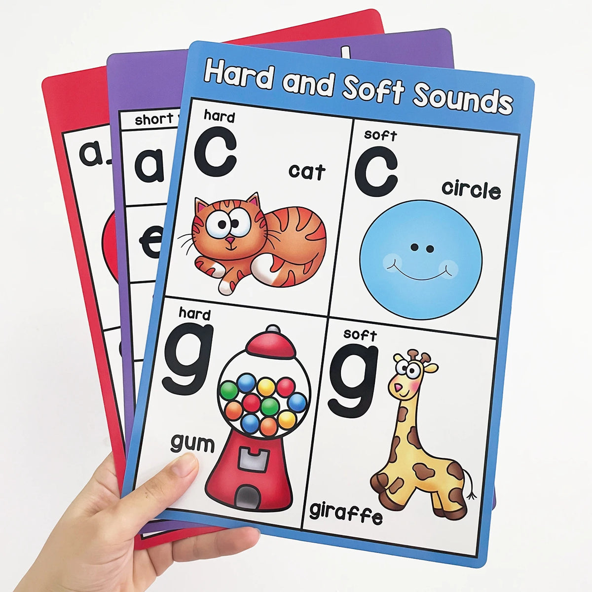 A set of cards showing hard and soft sounds like cat, circle, gum, and giraffe for phonics teaching.