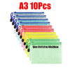 Un juego de 10 bolsas organizadoras de documentos transparentes con cremallera en varios colores como azul, rojo y verde.