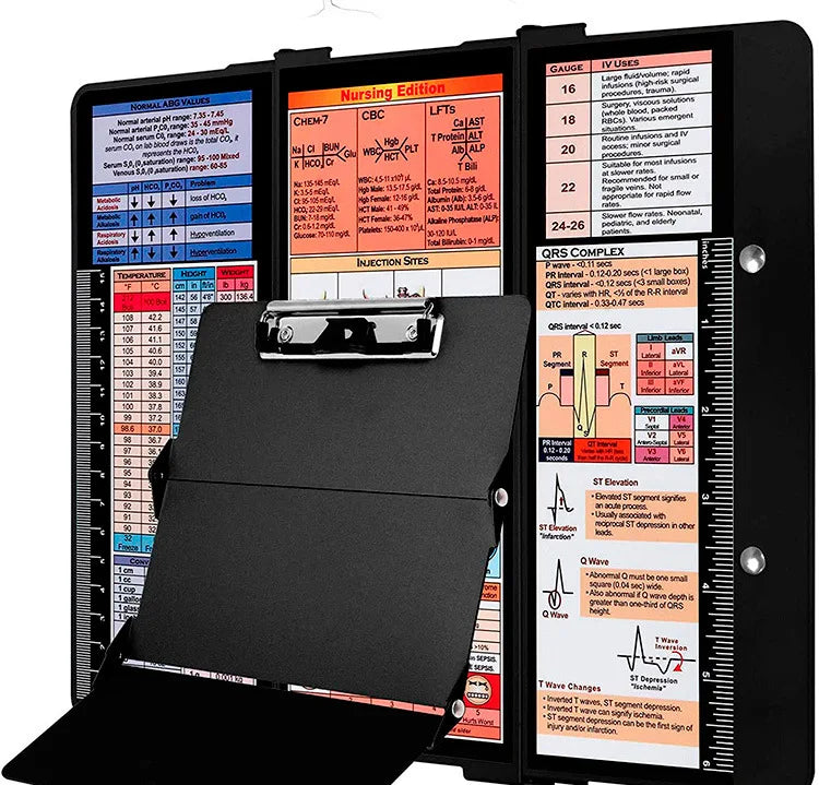 A black A4 foldable medical clipboard with various medical instruments and educational materials displayed on a screen.