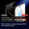 Comparison showing ordinary film versus shop tempered film coverage on an iPhone screen.