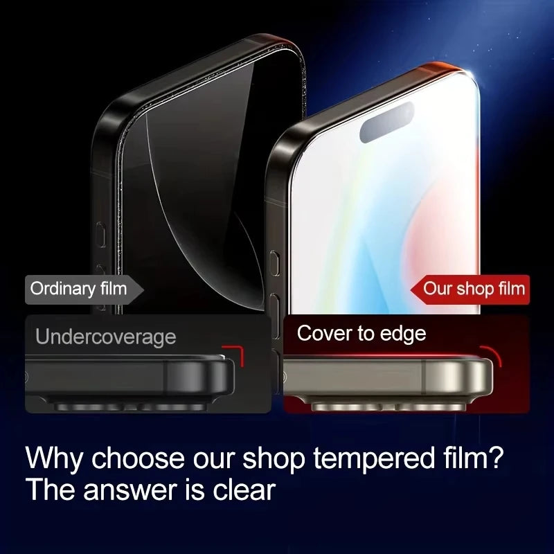 Comparison showing ordinary film versus shop tempered film coverage on an iPhone screen.