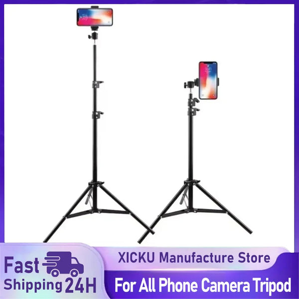 Black adjustable phone camera tripod with a smartphone mounted on top