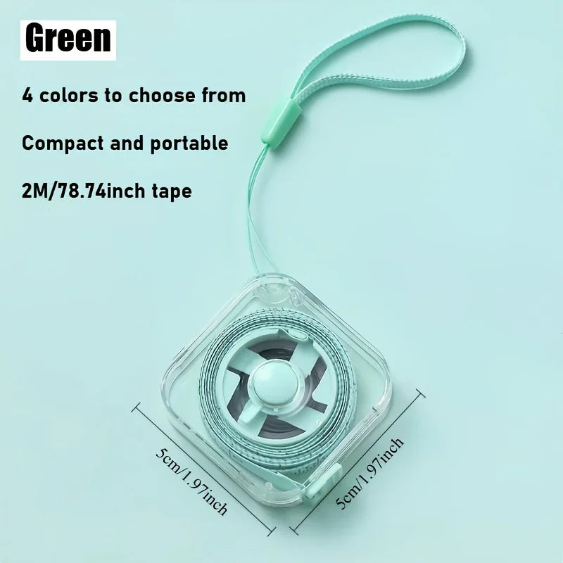 Green soft flexible measuring tape with a clip and storage case for measuring in centimeters and inches