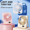 Two portable folding USB fans in pink and beige colors are shown with shadows, highlighting their light and thin design.