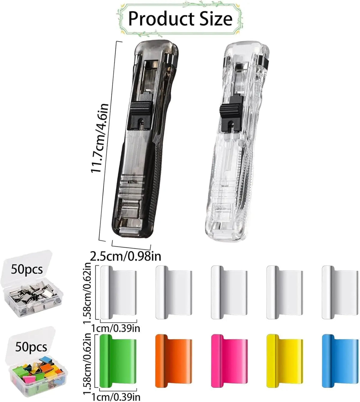 A set of handheld binder clip pushers in various colors and sizes, shown next to a measurement guide.