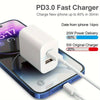 A white PD3.0 fast charger is shown charging an iPhone 14 Pro, displaying power delivery details.