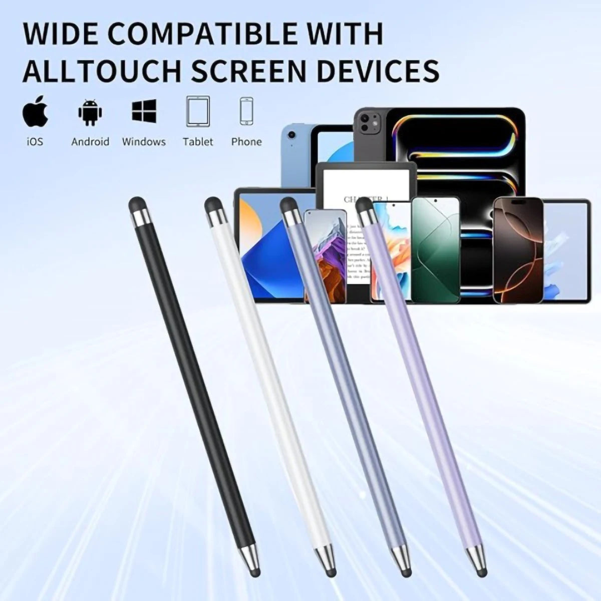 A set of four precision capacitive stylus pens in black, white, and purple are displayed next to various electronic devices.