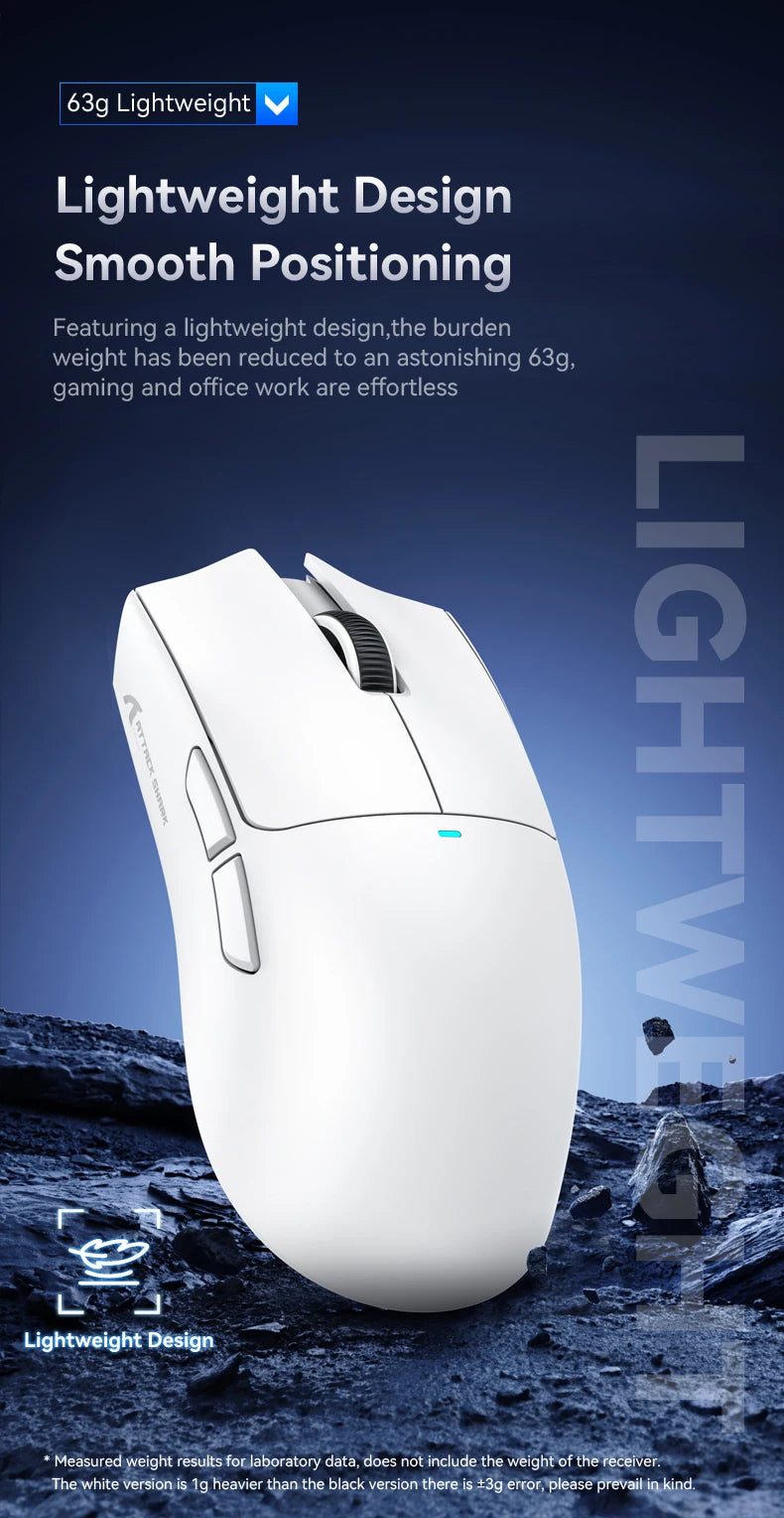 A white lightweight wireless gaming mouse is shown against a dark, rugged background.