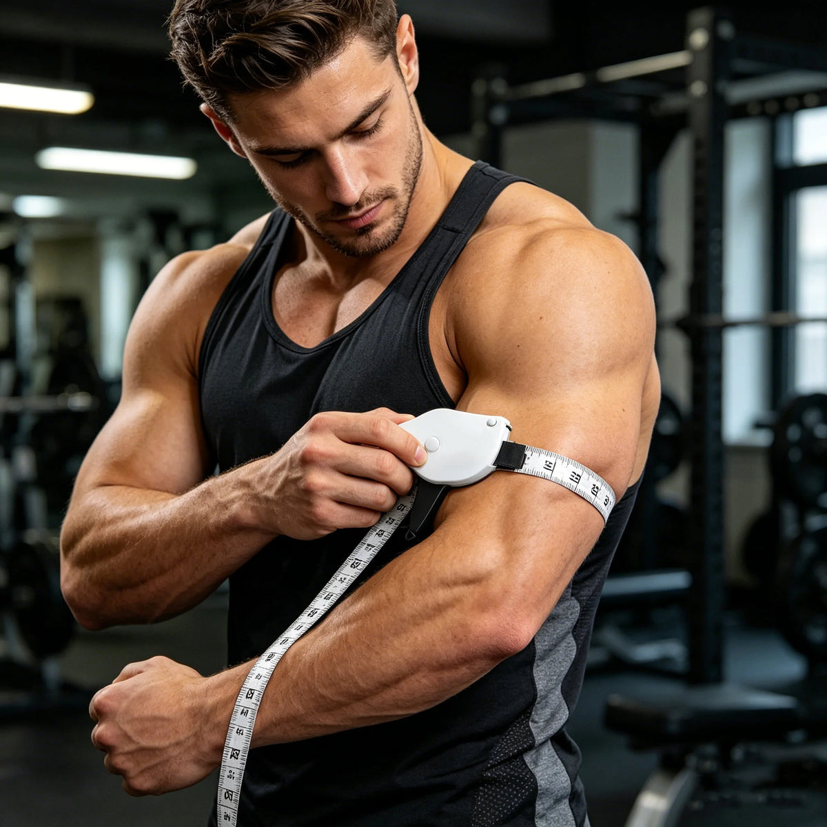 Muskulöser Mann benutzt ein automatisiertes, teleskopisches Maßband an seinem Arm im Fitnessstudio.