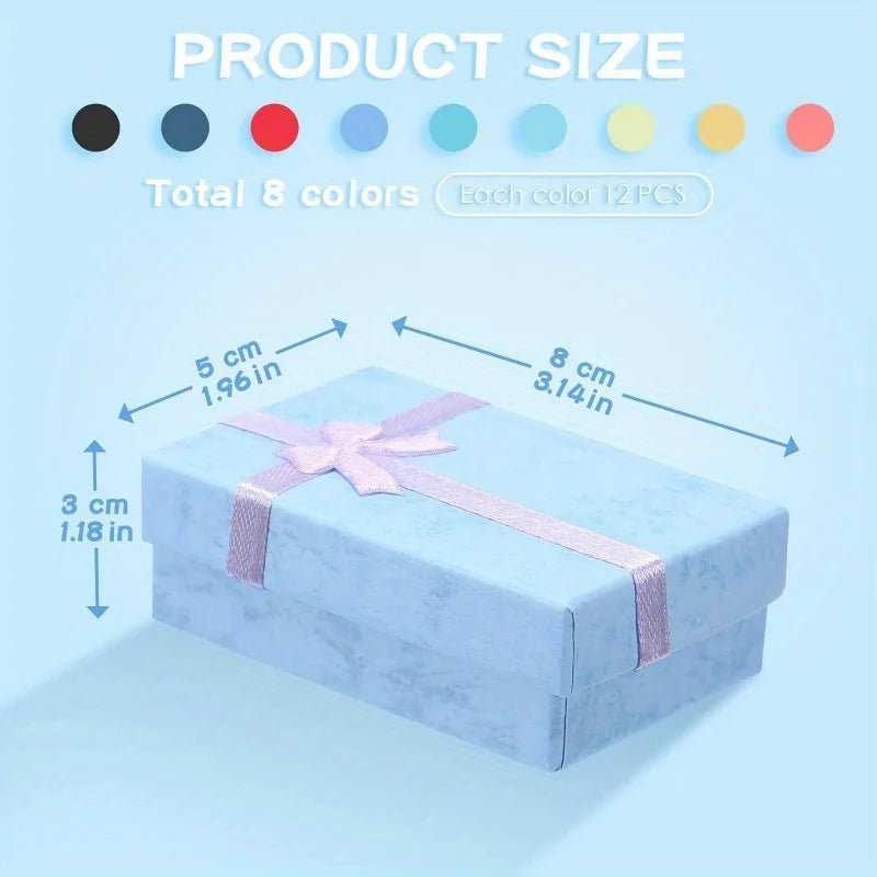 A light blue jewelry gift box is shown with pink ribbon, illustrating the product size and color options.