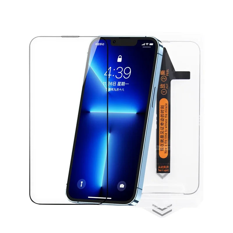 A blue iPhone screen protector is shown inside its packaging with a clear protective case.