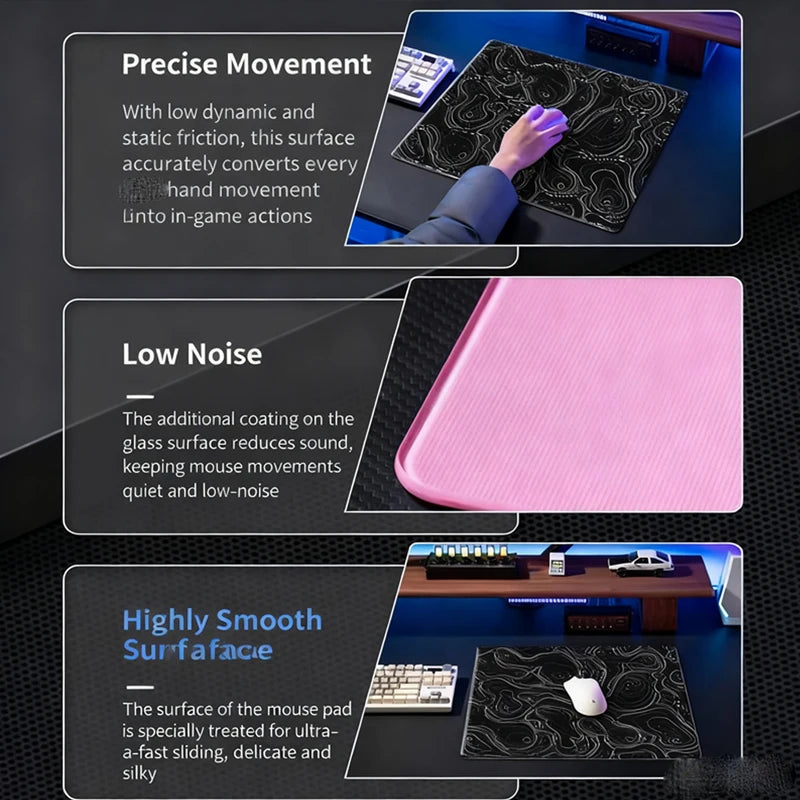 A close-up view of a pink frosted glass anti-slip mouse mat showing its smooth surface.