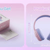 Pink wired headphones and accessories shown with product dimensions.