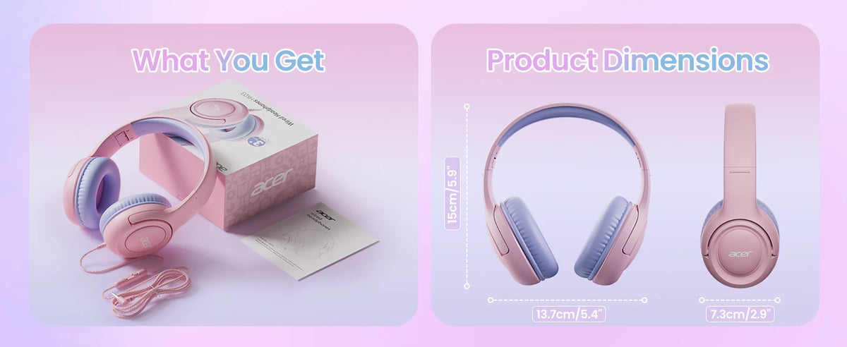 Pink wired headphones and accessories shown with product dimensions.