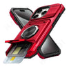 A red magnetic ring kickstand phone case shown with a credit card inside.