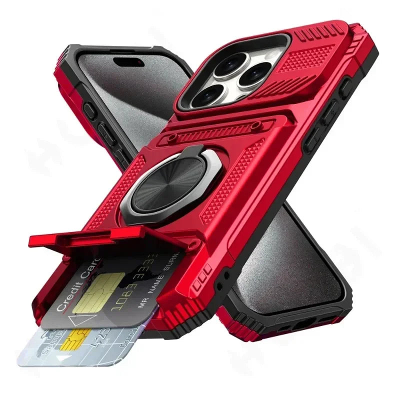 A red magnetic ring kickstand phone case shown with a credit card inside.