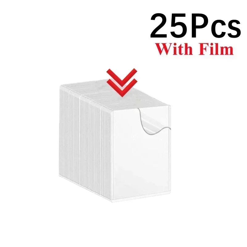 A white rectangular product box with a downward arrow indicating the opening, showing 25 pieces with film.