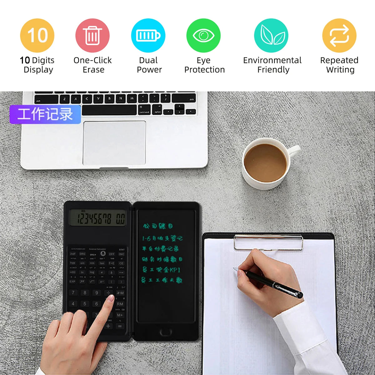 Un ordinateur portable blanc, une calculatrice scientifique noire et une tablette d'écriture noire sont exposés sur une surfa