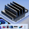 A black 3-slot vertical laptop stand organizer with a Vaydeer brand logo shown on a blue background.