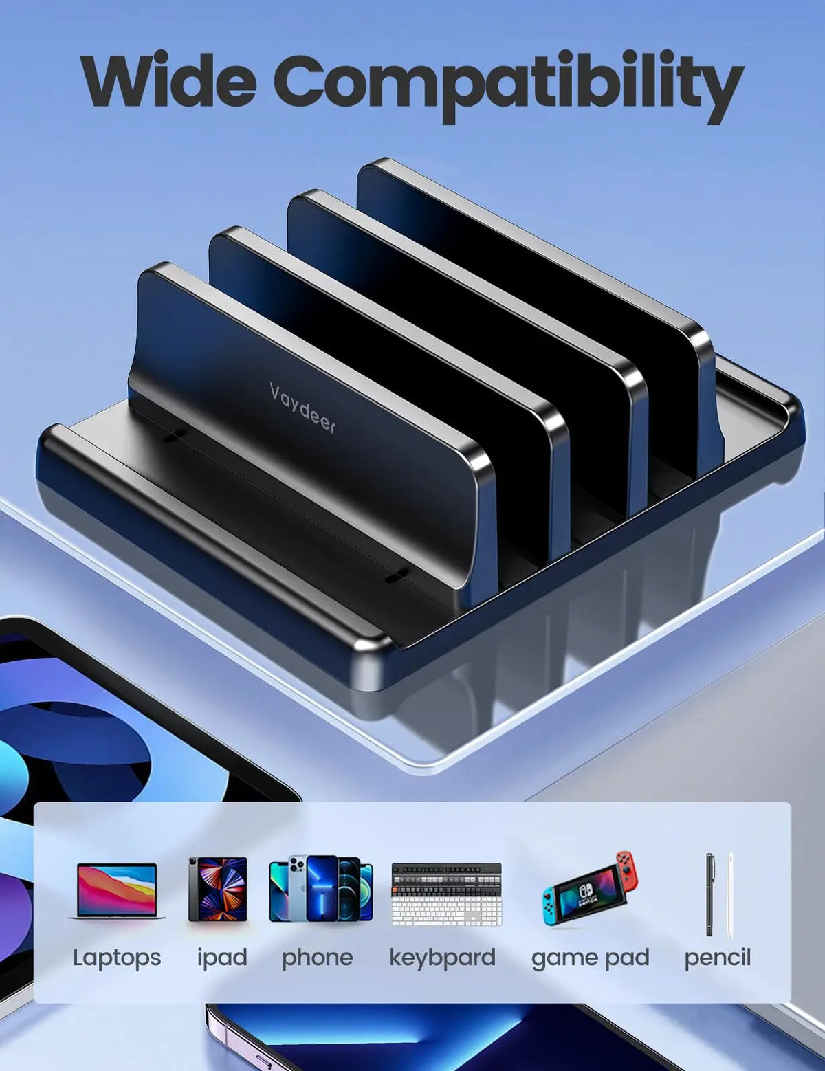 A black 3-slot vertical laptop stand organizer with a Vaydeer brand logo shown on a blue background.