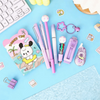 A collection of pink and purple cartoon school stationery items including pens, pencils, and a small kit on a light blue back