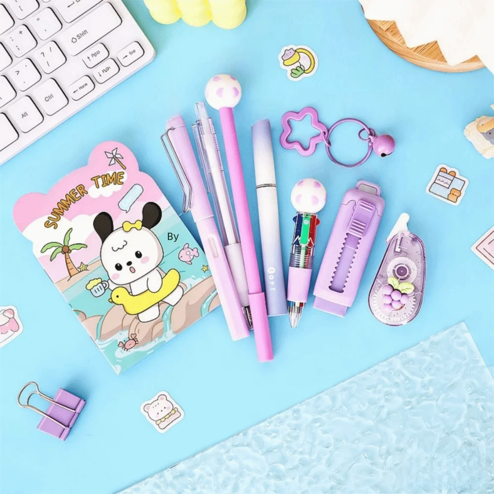 A collection of pink and purple cartoon school stationery items including pens, pencils, and a small kit on a light blue back