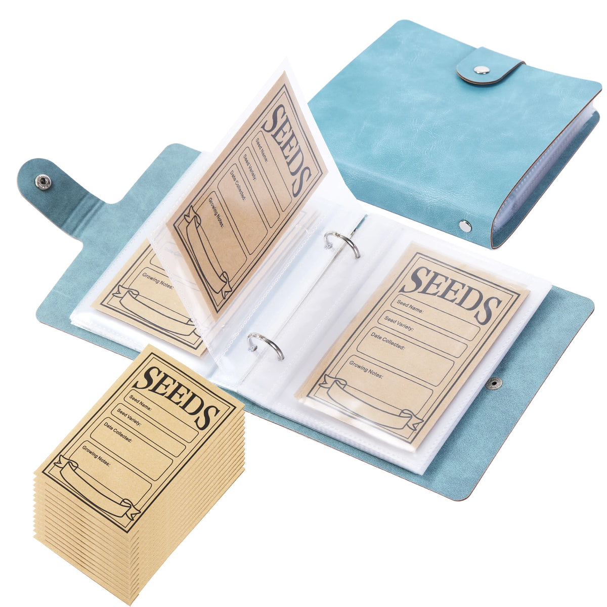 A teal fabric folder and envelope set for storing garden seeds with labeled paper inserts.