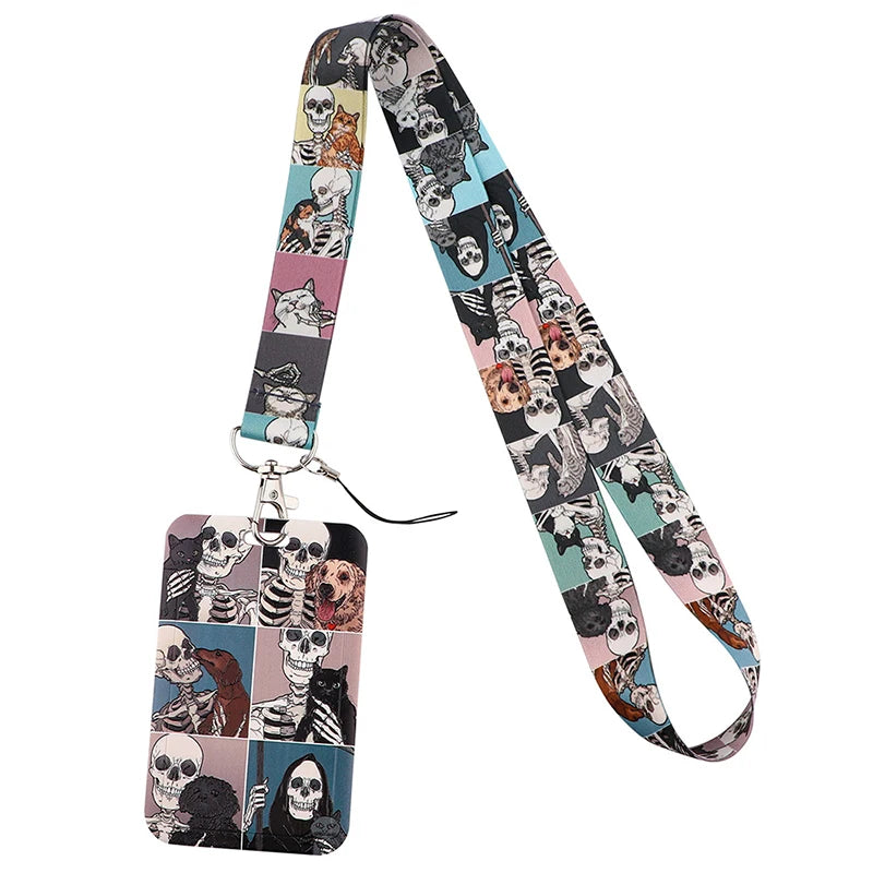 A black and white skull patterned minimalist key lanyard for ID badges and accessories