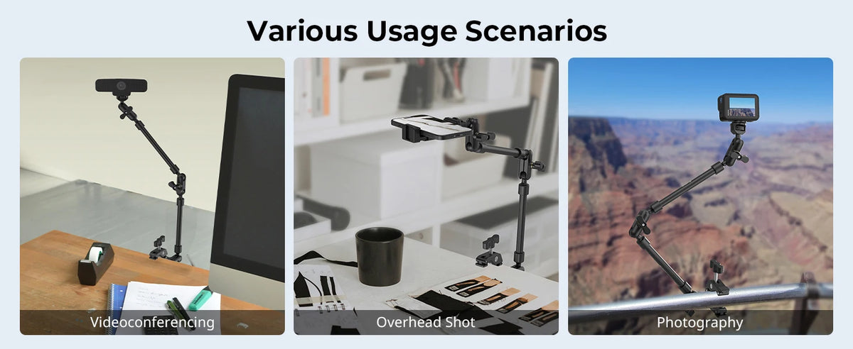 Verschiedene Anwendungsfälle, die einen verstellbaren Desktop-Magic-Arm für Videokonferenzen und Fotografie zeigen.