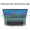 A laptop screen is shown with a blue light filter applied, demonstrating an anti-blue light matte screen protector.