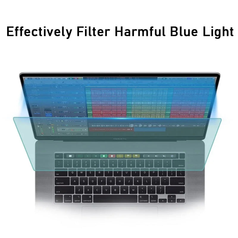 A laptop screen is shown with a blue light filter applied, demonstrating an anti-blue light matte screen protector.