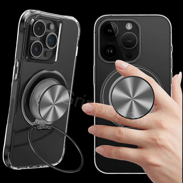 A hand holds a clear phone case featuring a magnetic ring holder and stand with a universal adapter.