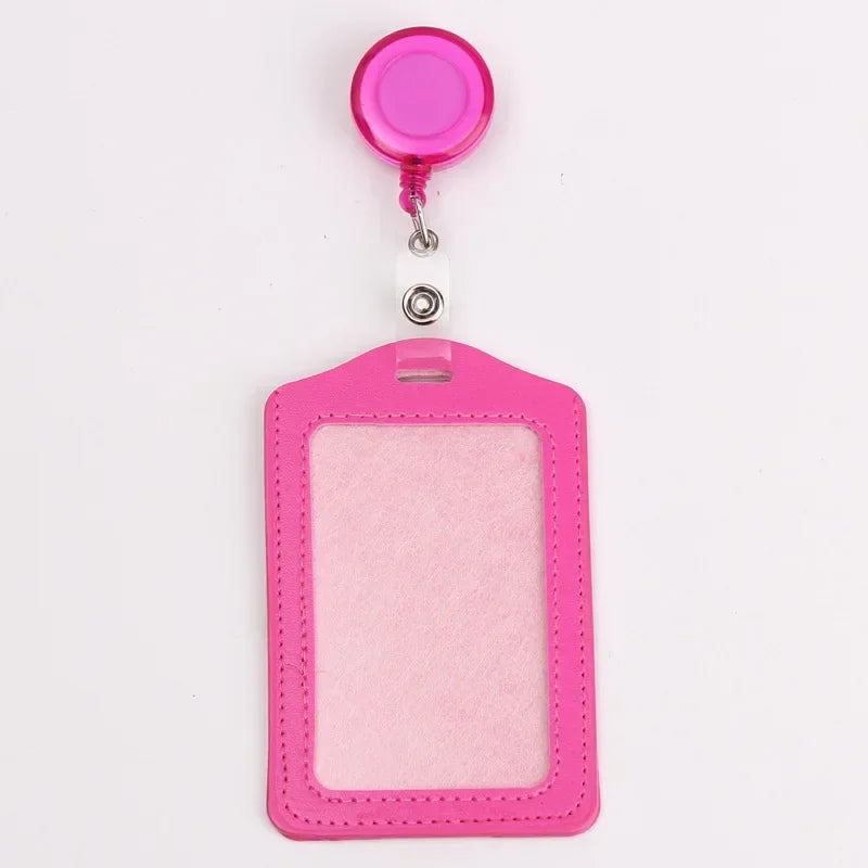 Pink PU leather retractable ID card holder with a clear plastic reel and badge case