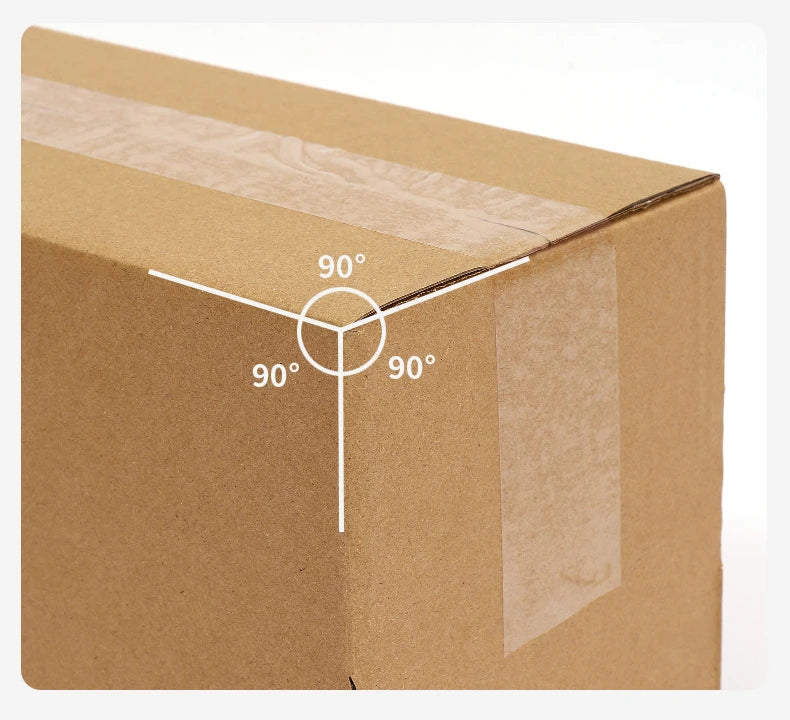 A brown kraft cardboard shipping box showing a 90-degree angle measurement for proper packing.