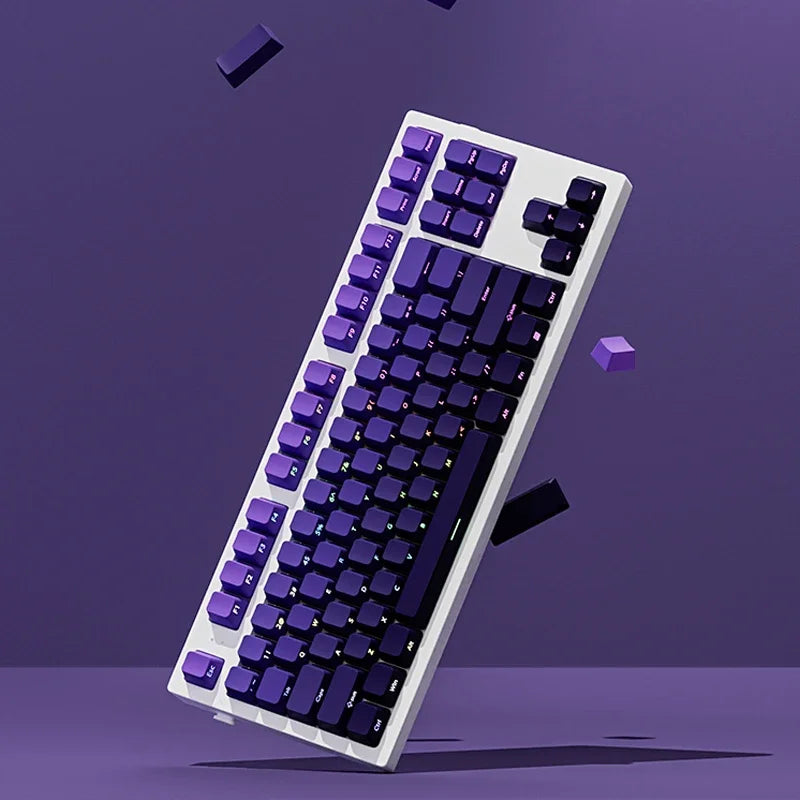 A close-up view of a white mechanical keyboard with purple keycaps and RGB lighting, floating against a dark purple backgroun