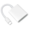 A white USB-C SD card reader with a flexible cable shown from above.