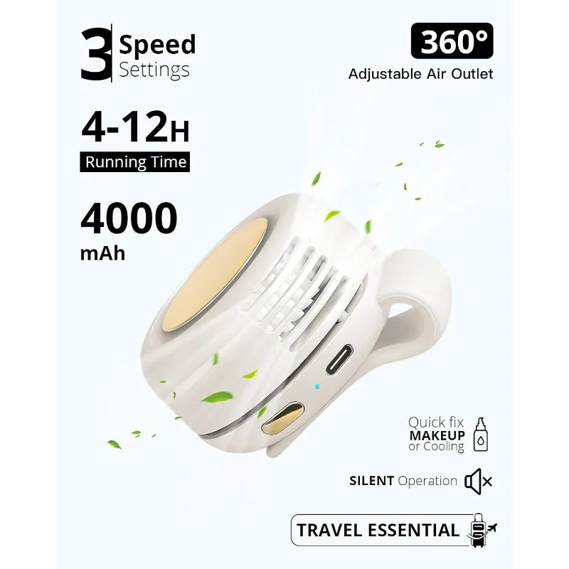 White portable mini blade-less electric fan with adjustable air outlet and 3 speed settings