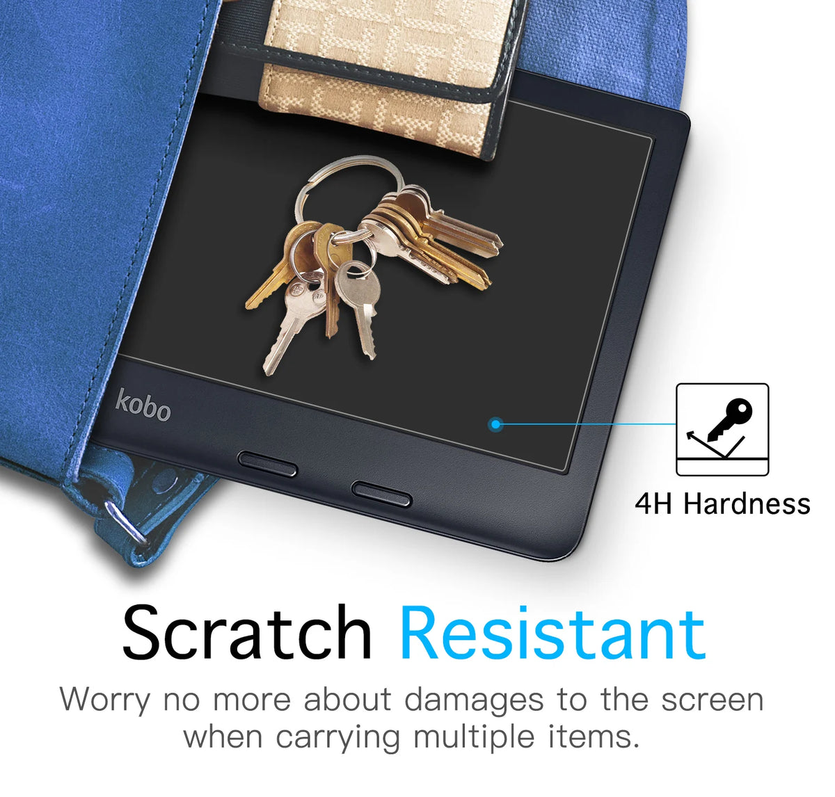 A blue Kobo e-reader is shown with a protective screen protector applied, highlighting 4H hardness and scratch resistance.